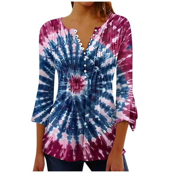 CYMMPU Summer Fashion Shirts Button V Neck Flare Sleeve Blouses for Women Dressy Casual Spring Tunic Tops Tie Dye Loose Fit 3/4 Sleeve Empire Waist A Line T-Shirts XL
