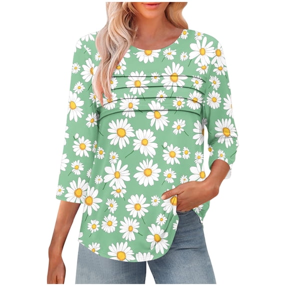 CYMMPU Summer Fashion Shirts Crew Neck Blouses for Women Dressy Casual Flower Pattern T-Shirts Spring Tops 3/4 Sleeve Loose Fit Lightweight Basic T-Shirts Green XL