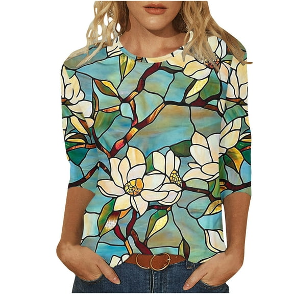 CYMMPU Summer Fashion Shirts Crew Neck Blouses for Women Dressy Casual Loose Fit Flower Pattern Spring Tops 3/4 Sleeve T-Shirts Lightweight Basic T-Shirts 8