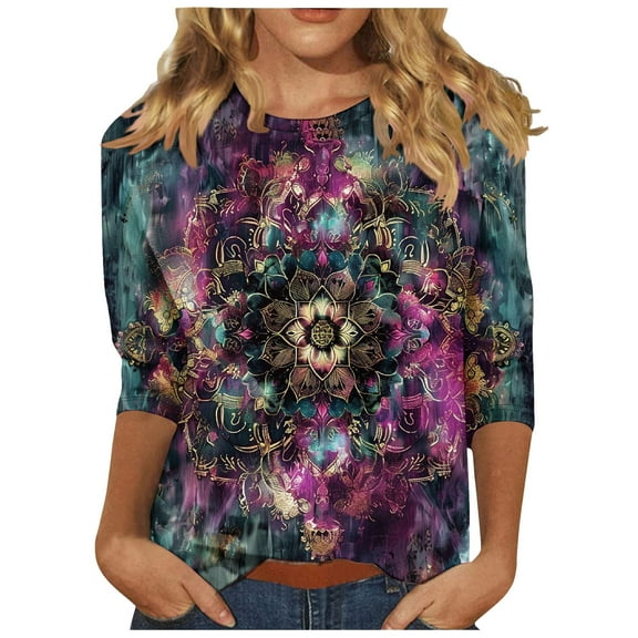 CYMMPU Summer Fashion Shirts Round Neck Blouses for Women Dressy Casual 3/4 Sleeve Tunic Tops Spring Tops Loose Fit Geometric Printed Western T-Shirts Multicolor S