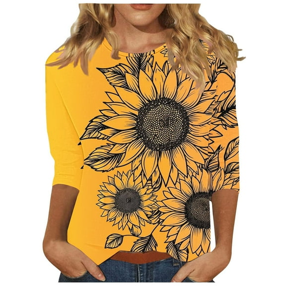 CYMMPU Summer Fashion Shirts Round Neck Blouses for Women Dressy Casual Bee Pattern 3/4 Sleeve Spring Tunic Tops Loose Fit Lightweight Basic T-Shirts Multicolor L