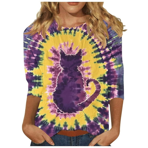 CYMMPU Summer Fashion Shirts Round Neck Blouses for Women Dressy Casual Tie Dye T-Shirts Loose Fit 3/4 Sleeve Spring Tops Ombre T-Shirts Multicolor S