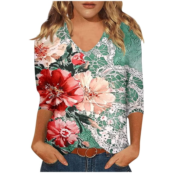 CYMMPU Summer Fashion Shirts V Neck Blouses for Women Dressy Casual Loose Fit T-Shirts 3/4 Sleeve Flower Pattern Spring Tops Business Elegant Work Topss Multicolor L