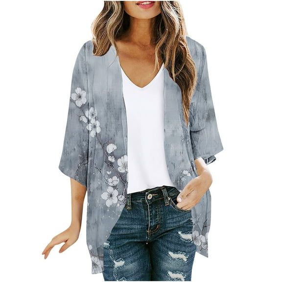 CYMMPU Summer Trendy Chiffon Shirts 3/4 Sleeve Loose Fit Spring Tunic Tops Floral Pattern Blouses for Women Dressy Casual Front Open Cardigan Kimono Cover Up for Beach Kimono Multicolor L