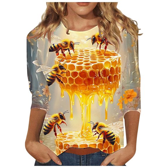 CYMMPU Summer Trendy Shirts 3/4 Sleeve Bee Printed Round Neck Spring Tops Loose Fit Blouses for Women Dressy Casual Tunic Tops Lightweight Basic Tees Yellow L
