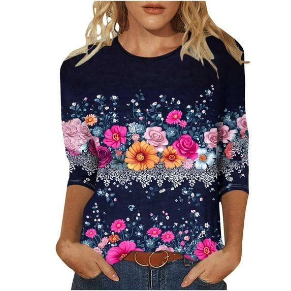 CYMMPU Summer Trendy Shirts 3/4 Sleeve Blouses for Women Dressy Casual Crew Neck Loose Fit Tunic Tops Floral Printed Spring Tops Lightweight Basic Tees Multicolor L