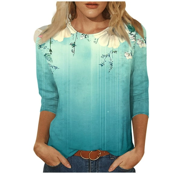 CYMMPU Summer Trendy Shirts 3/4 Sleeve Blouses for Women Dressy Casual Flower Pattern Tunic Tops Loose Fit Round Neck Spring Tops Lightweight Basic Tees Blue M