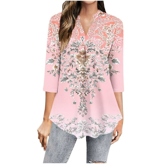 CYMMPU Summer Trendy Shirts 3/4 Sleeve Blouses for Women Dressy Casual Tunic Tops Loose Fit Floral Pattern Pleated V Neck Spring Tops Flowy Tops T-Shirts Pink XL