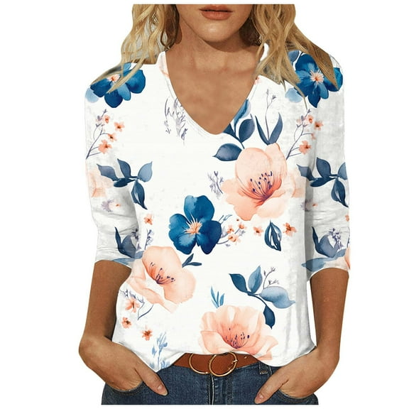 CYMMPU Summer Trendy Shirts 3/4 Sleeve Blouses for Women Dressy Casual Tunic Tops Loose Fit Floral Printed V Neck Spring Tops Business Elegant Work Tops T-Shirts Multicolor M