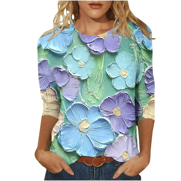 CYMMPU Summer Trendy Shirts 3/4 Sleeve Loose Fit Blouses for Women Dressy Casual Spring Tops Round Neck Tunic Tops Flower Pattern Lightweight Basic Tees Multicolor M