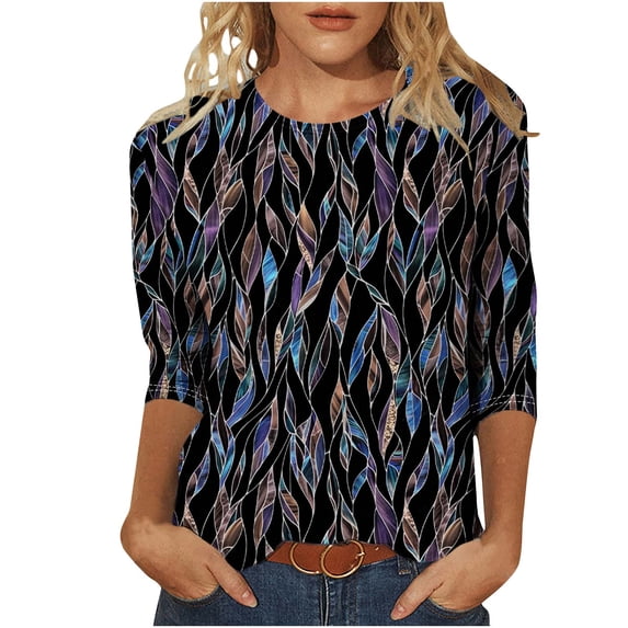 CYMMPU Summer Trendy Shirts 3/4 Sleeve Loose Fit Blouses for Women Dressy Casual Tunic Tops Round Neck Flower Printed Spring Tops Lightweight Basic Tees Black L