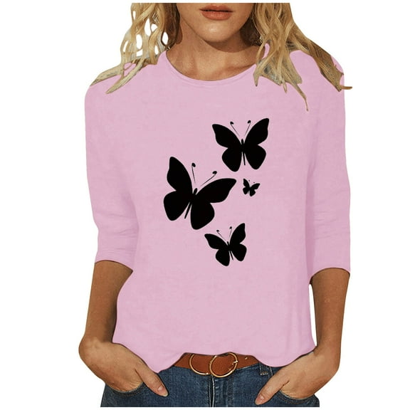 CYMMPU Summer Trendy Shirts 3/4 Sleeve Loose Fit Floral Pattern Blouses for Women Dressy Casual Crew Neck Tunic Tops Spring Tops Lightweight Basic Tees Pink XXL
