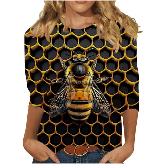 CYMMPU Summer Trendy Shirts 3/4 Sleeve Loose Fit Round Neck Bee Graphic Spring Tops Blouses for Women Dressy Casual Tunic Tops Lightweight Basic Tees Multicolor XXL
