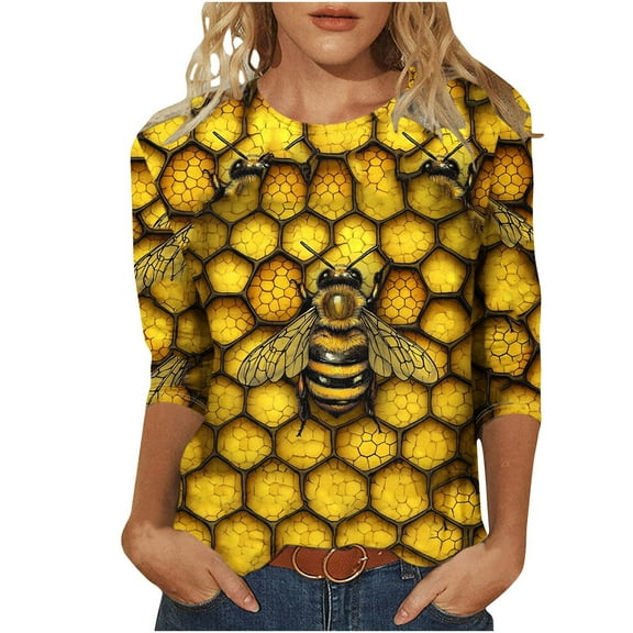 CYMMPU Summer Trendy Shirts 3/4 Sleeve Loose Fit Spring Tops Blouses for Women Dressy Casual T-Shirts Crew Neck Bee Pattern Lightweight Basic Tees Multicolor L