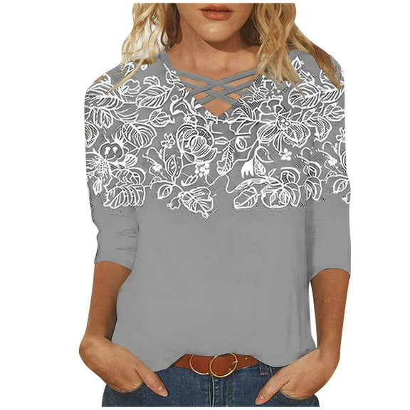 CYMMPU Summer Trendy Shirts 3/4 Sleeve Loose Fit V Neck Tunic Tops Boho Blouses for Women Dressy Casual Floral Printed Spring Tops Business Elegant Work Tops T-Shirts XXXXL