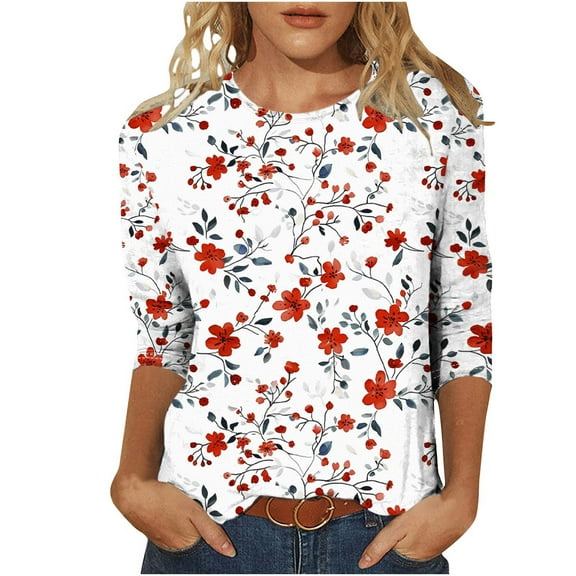 CYMMPU Summer Trendy Shirts 3/4 Sleeve Round Neck Blouses for Women Dressy Casual Tunic Tops Spring Tops Flower Pattern Loose Fit Lightweight Basic Tees Multicolor L