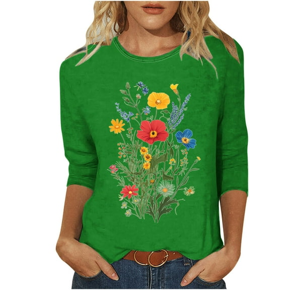 CYMMPU Summer Trendy Shirts 3/4 Sleeve Round Neck Flower Pattern Loose Fit Blouses for Women Dressy Casual Tunic Tops Spring Tops Lightweight Basic Tees Green S