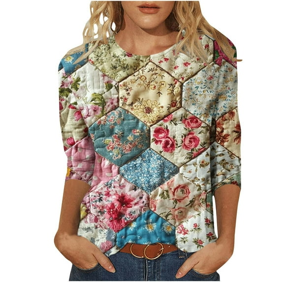 CYMMPU Summer Trendy Shirts 3/4 Sleeve Spring Tops Loose Fit Blouses for Women Dressy Casual Crew Neck Tunic Tops Floral Printed Lightweight Basic Tees Multicolor XXL
