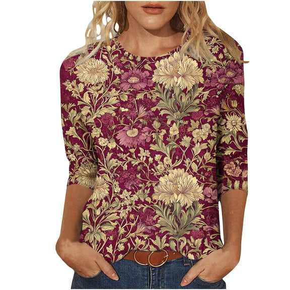 CYMMPU Summer Trendy Shirts 3/4 Sleeve Spring Tops Loose Fit Flower Pattern Round Neck Blouses for Women Dressy Casual Tunic Tops Lightweight Basic Tees Multicolor M