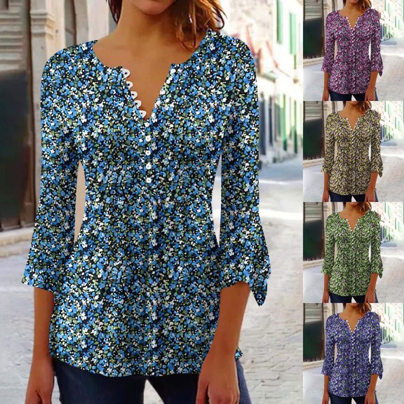 CYMMPU Summer Trendy Shirts 3/4 Sleeve T-Shirts Spring Tops Loose Fit Floral Pattern Blouses for Women Dressy Casual Button V Neck Flare Sleeve Empire Waist A Line T-Shirts XXL