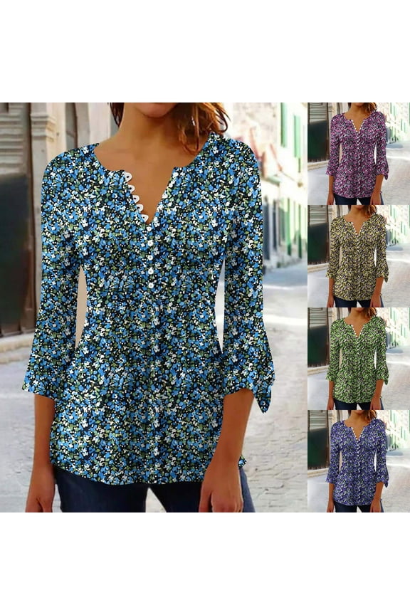 Summer Trendy Shirts 3/4 Sleeve T-Shirts Spring Tops Loose Fit Floral Pattern Blouses for Women Dressy Casual Button V Neck Flare Sleeve Empire Waist A Line T-Shirts XXL
