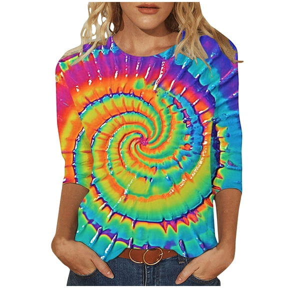 CYMMPU Summer Trendy Shirts 3/4 Sleeve Tie Dye Loose Fit Spring Tops Round Neck Blouses for Women Dressy Casual Tunic Tops Ombre T-Shirts XXL