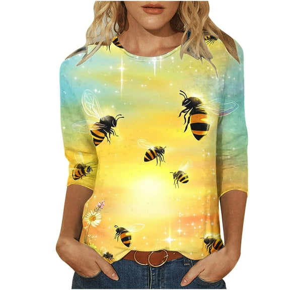 CYMMPU Summer Trendy Shirts 3/4 Sleeve Tunic Tops Bee Graphic Round Neck Spring Tops Blouses for Women Dressy Casual Loose Fit Lightweight Basic Tees Yellow M