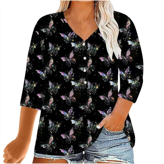 CYMMPU Summer Trendy Shirts 3/4 Sleeve V Neck Loose Fit Spring Tops Floral Pattern Blouses for Women Dressy Casual Tunic Tops Plus Size T-Shirt XL