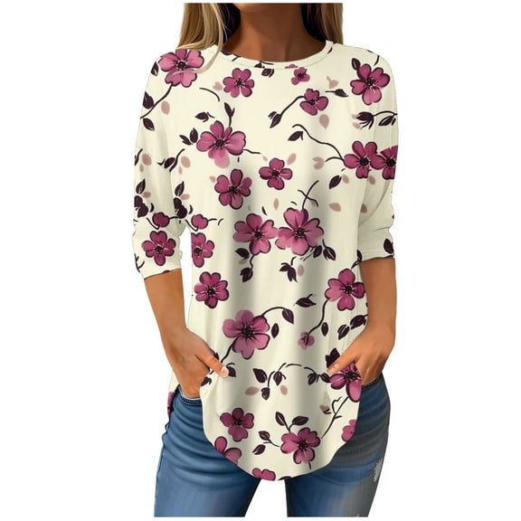 CYMMPU Summer Trendy Shirts Crew Neck Blouses for Women Dressy Casual Loose Fit Tunic Tops 3/4 Sleeve Spring Tops Floral Pattern Hide Low Hem Plus Size T-Shirts Multicolor S