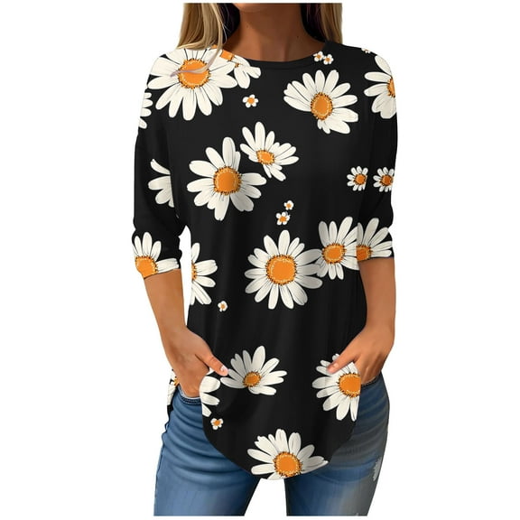CYMMPU Summer Trendy Shirts Crew Neck Blouses for Women Dressy Casual Loose Fit Tunic Tops Floral Pattern Spring Tops 3/4 Sleeve Hide Low Hem Plus Size T-Shirts Multicolor S