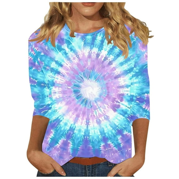CYMMPU Summer Trendy Shirts Crew Neck Blouses for Women Dressy Casual 3/4 Sleeve Spring Tops Tie Dye Tunic Tops Loose Fit Ombre T-Shirts XL