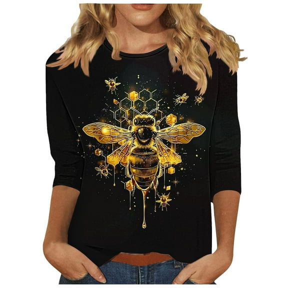 CYMMPU Summer Trendy Shirts Crew Neck Blouses for Women Dressy Casual Bee Graphic 3/4 Sleeve Spring Tunic Tops Loose Fit Lightweight Basic Tees XL