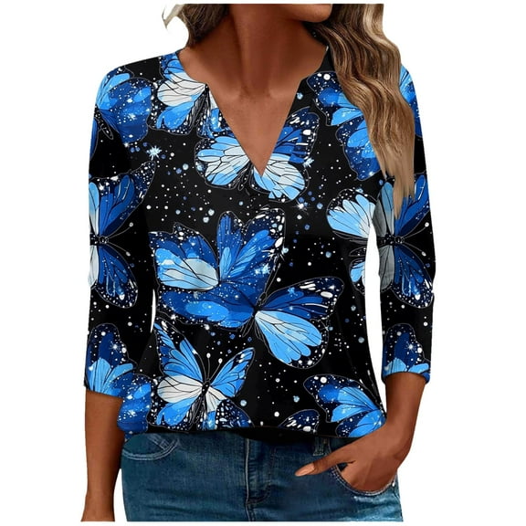 CYMMPU Summer Trendy Shirts V Neck Blouses for Women Dressy Casual Spring Tops Flower Pattern Loose Fit Tunic Tops 3/4 Sleeve Business Elegant Work Tops T-Shirts Multicolor L