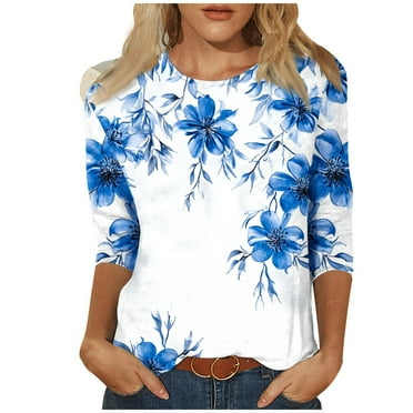 CYMMPU T-Shirts 3/4 Sleeve Blouses for Women Dressy Casual Floral Pattern Summer Trendy Shirts Crew Neck Loose Fit Spring Tops Lightweight Basic Tees Purple XXL