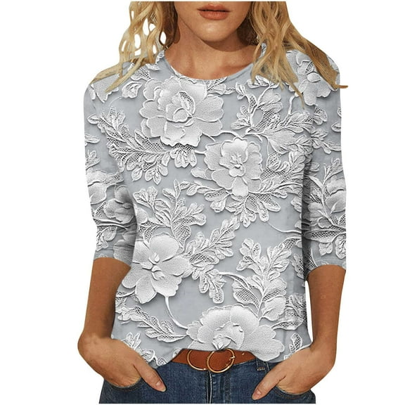 CYMMPU T-Shirts 3/4 Sleeve Blouses for Women Dressy Casual Spring Tops Round Neck Loose Fit Flower Printed Summer Fashion Shirts Lightweight Basic T-Shirts Multicolor XXXXXL
