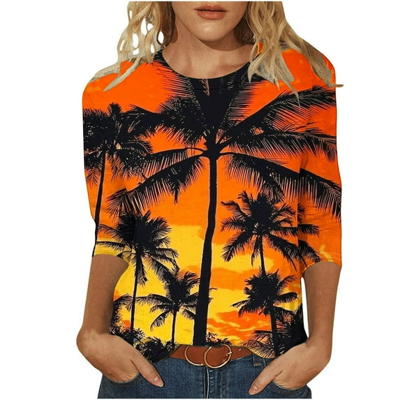 CYMMPU T-Shirts 3/4 Sleeve Crew Neck Loose Fit Blouses for Women Dressy Casual Summer Trendy Shirts Floral Pattern Spring Tops Empire Waist A Line T-Shirts Yellow XXXL