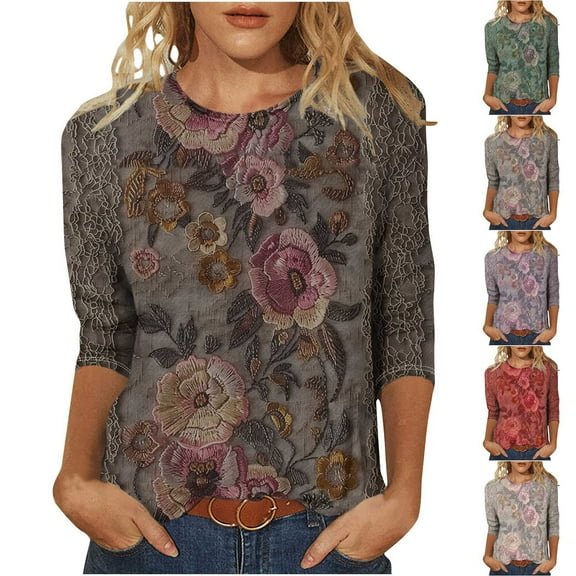 CYMMPU T-Shirts 3/4 Sleeve Fall Fashion Shirts Floral Pattern Blouses for Women Dressy Casual Spring Tops Loose Fit Crew Neck Lightweight Basic T-Shirts Green M