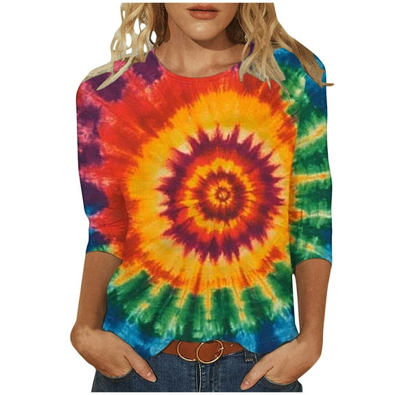 CYMMPU T-Shirts 3/4 Sleeve Fall Fashion Shirts Spring Tops Tie Dye Blouses for Women Dressy Casual Loose Fit Crew Neck Ombre T-Shirts S