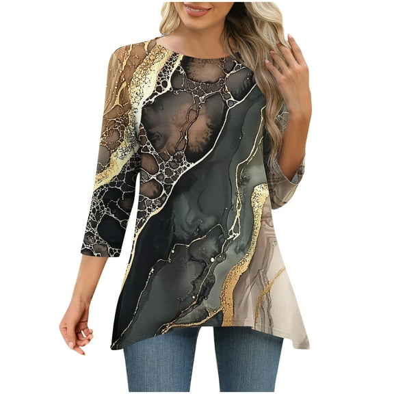 CYMMPU T-Shirts 3/4 Sleeve Fall Trendy Shirts Blouses for Women Dressy Casual Crew Neck Spring Tops Loose Fit Flower Pattern Flare Hem Hide Belly Tops to Wear with Leggings T-Shirts Brown M