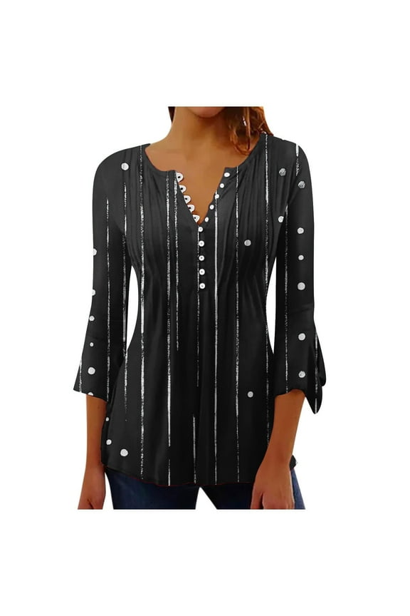 T-Shirts 3/4 Sleeve Floral Pattern Blouses for Women Dressy Casual Spring Tops Summer Fashion Shirts Button V Neck Flare Sleeve Loose Fit Pleated Dressy T-Shirts 10