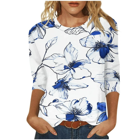 CYMMPU T-Shirts 3/4 Sleeve Floral Printed Crew Neck Spring Tops Loose Fit Fall Trendy Shirts Blouses for Women Dressy Casual Lightweight Basic Tees Blue XL