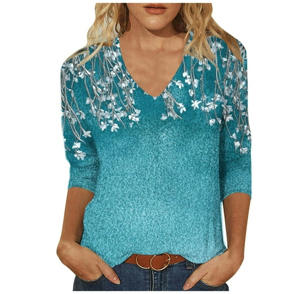 CYMMPU T-Shirts 3/4 Sleeve Floral Printed V Neck Spring Tops Blouses for Women Dressy Casual Loose Fit Fall Fashion Shirts Business Elegant Work Topss XL