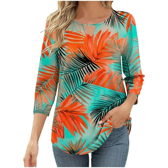CYMMPU T-Shirts 3/4 Sleeve Flower Printed Crew Neck Loose Fit Spring Tops Blouses for Women Dressy Casual Summer Trendy Shirts Lightweight Basic Tees Green XXL