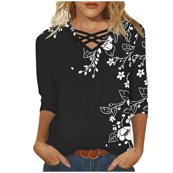 CYMMPU T-Shirts 3/4 Sleeve Loose Fit V Neck Blouses for Women Dressy Casual Floral Printed Spring Tops Fall Trendy Shirts Business Elegant Work Tops T-Shirts S