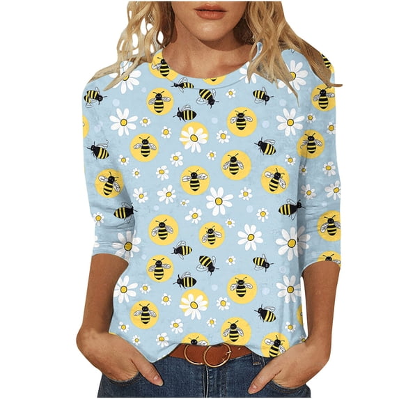 CYMMPU T-Shirts 3/4 Sleeve Round Neck Bee Pattern Blouses for Women Dressy Casual Loose Fit Spring Tops Fall Trendy Shirts Cute Animals T-Shirts Light Blue XXXXL