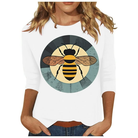 CYMMPU T-Shirts 3/4 Sleeve Round Neck Loose Fit Blouses for Women Dressy Casual Bee Pattern Summer Fashion Shirts Spring Tops Lightweight Basic T-Shirts White S
