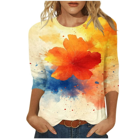 CYMMPU T-Shirts 3/4 Sleeve Spring Tops Blouses for Women Dressy Casual Crew Neck Fall Fashion Shirts Loose Fit Flower Pattern Lightweight Basic T-Shirts Beige S