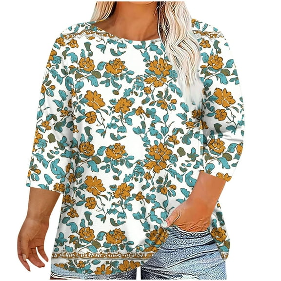 CYMMPU T-Shirts 3/4 Sleeve Spring Tops Blouses for Women Dressy Casual Fall Fashion Shirts Round Neck Loose Fit Flower Pattern Plus Size Blouse White XXXXXL