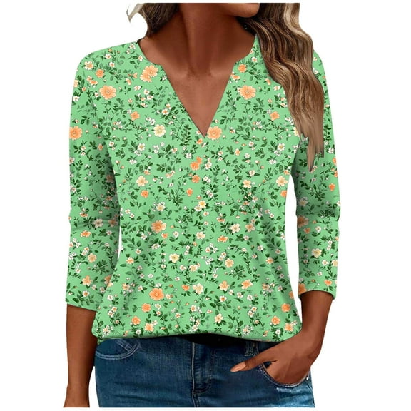 CYMMPU T-Shirts 3/4 Sleeve Spring Tops V Neck Flower Printed Loose Fit Fall Fashion Shirts Blouses for Women Dressy Casual Business Elegant Work Topss S
