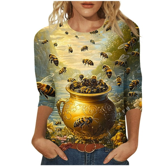 CYMMPU T-Shirts 3/4 Sleeve Summer Trendy Shirts Loose Fit Floral Printed Blouses for Women Dressy Casual Round Neck Spring Tops Lightweight Basic Tees M